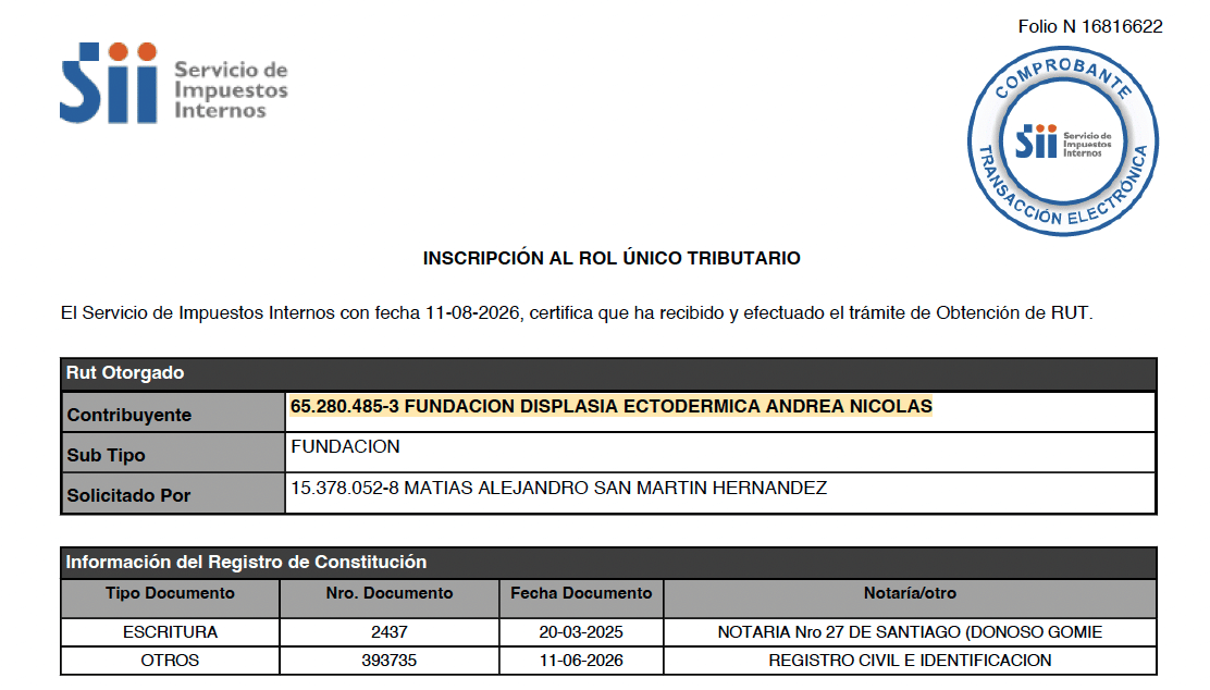 Comprobante de inscripción al Rol Único Tributario de FANDEC