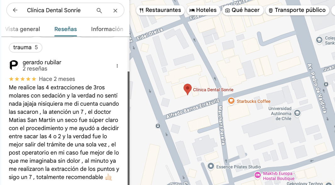 Reseña de un paciente y ubicación de Clínica Dental Sonríe en Google Maps