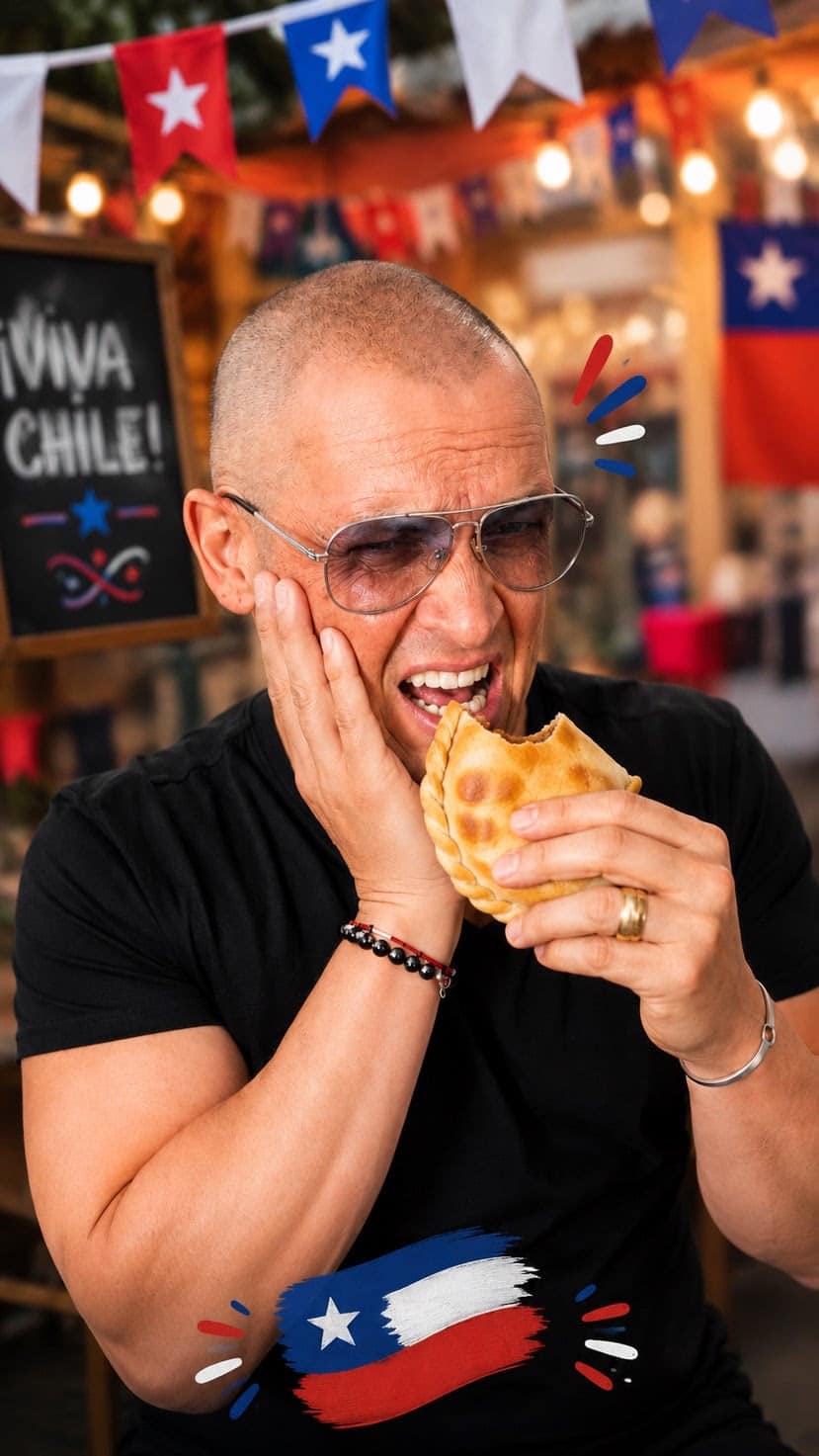 Dr. Matías San Martín comiendo una empanada durante las Fiestas Patrias